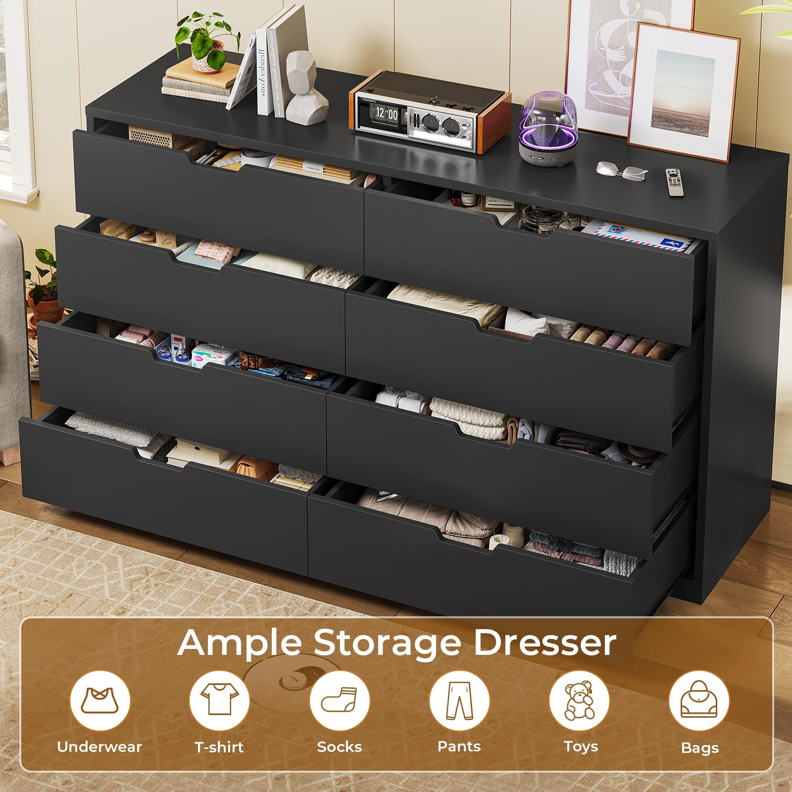 Afuhokles Wood Dresser 8 Drawer Double Tier Dresser, Modern Wood Chest of Drawer for Living Room, Bedroom, Black