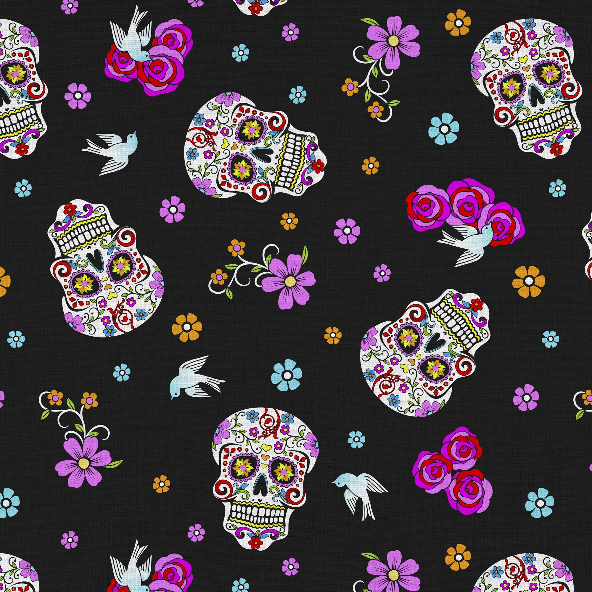1 Yard 100% Cotton Day of the Dead, Black, 44" Wide for Quilting & Sewing by David Textiles