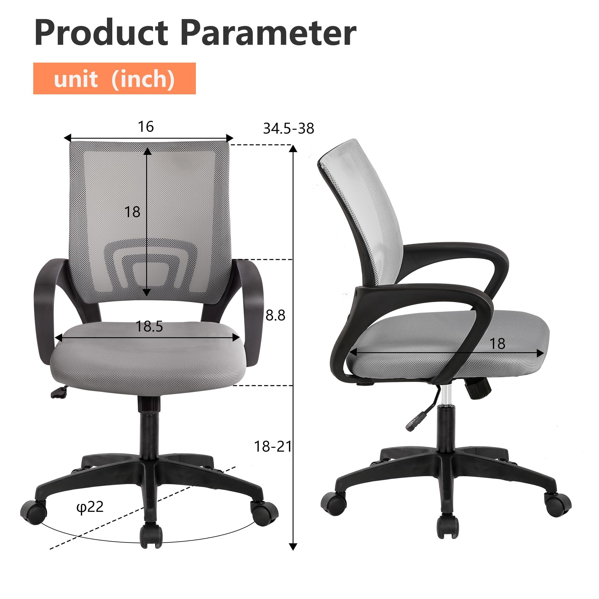 PayLessHere Grey Ergonomic Office Chair - Adjustable Mesh w/Lumbar Support