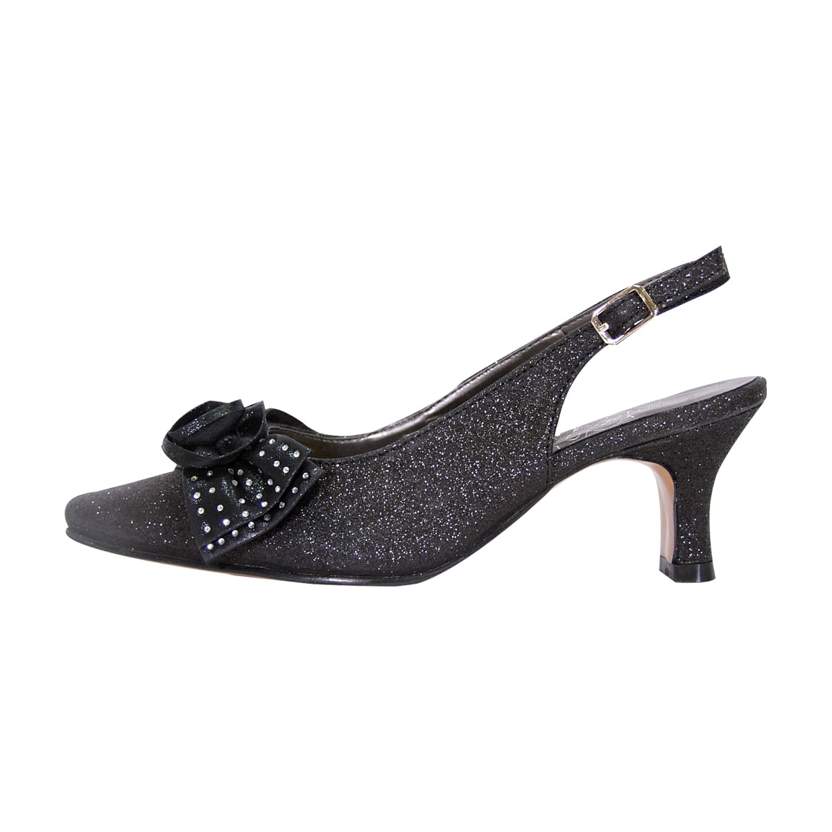 FLORAL Alaina Women's Wide Width Crystal Rose Bow Glitter Fabric Upper Slingback BLACK 10
