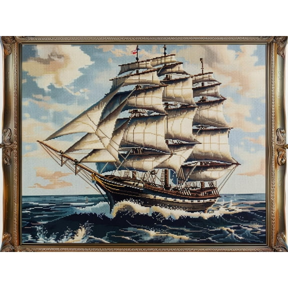 Sailboat in Ocean DIY 11CT Stamped Cross Stitch Kits for Beginners Easy Needlepoint Embroidery Counted Cross Stitch Art Craft for Wall Decoration 12x16inch(3)