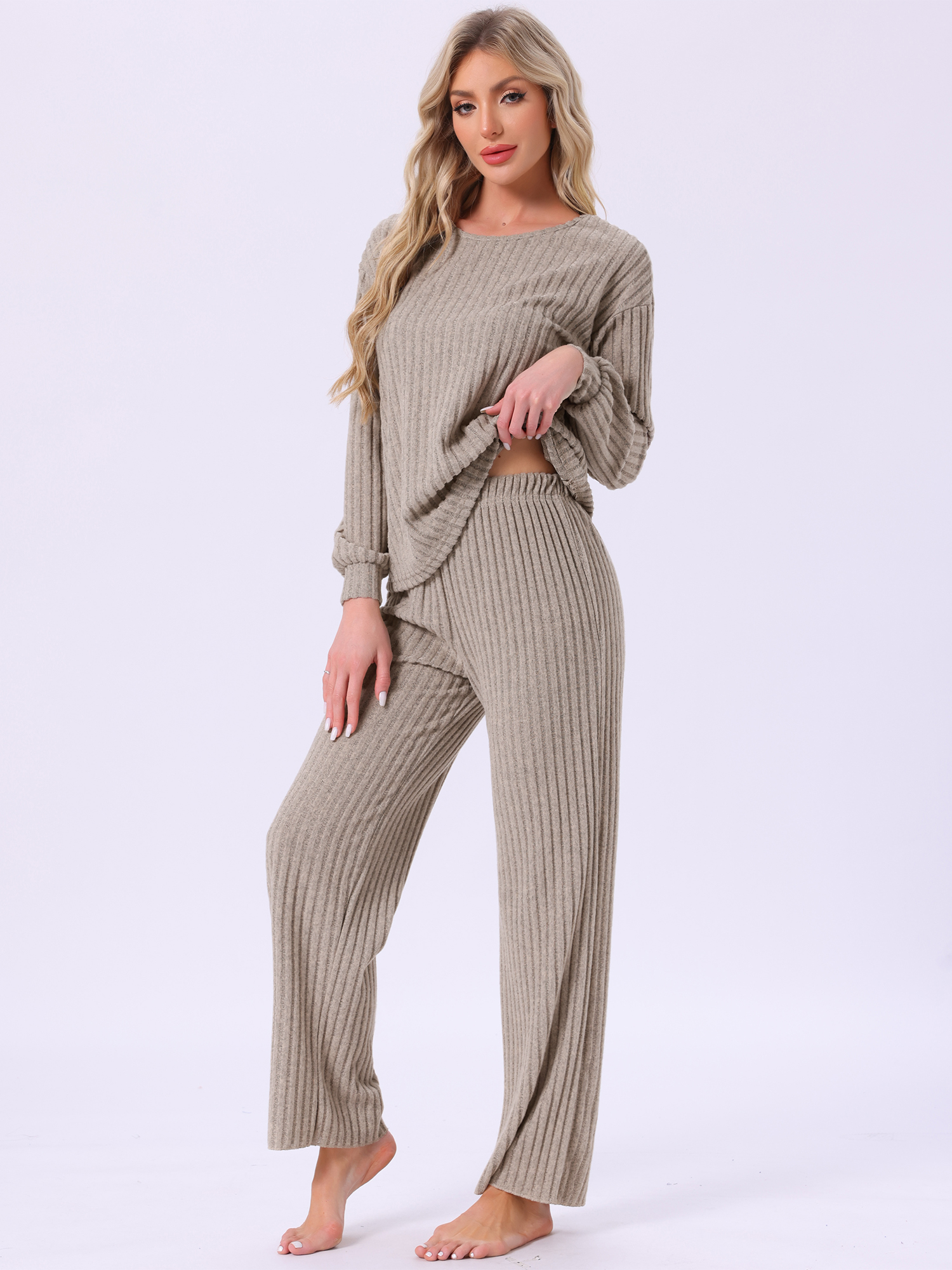 DARING DIVA Ribbed Knit Pajama 2 Piece Long Sleeve Top Pants Sleepwear XL Camel
