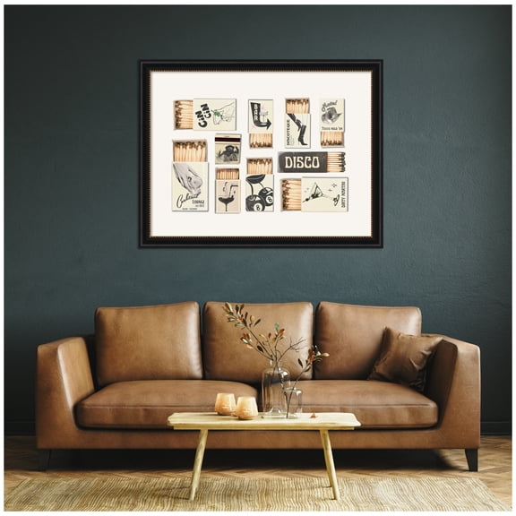 Kate and Laurel Framed Wall Art Print Vintage Matchboxes Neutral Black and Beige by Honey Island Studio, 44 x 34, Manhattan Black Frame, Vintage, Entertainment Art for Wall Decor