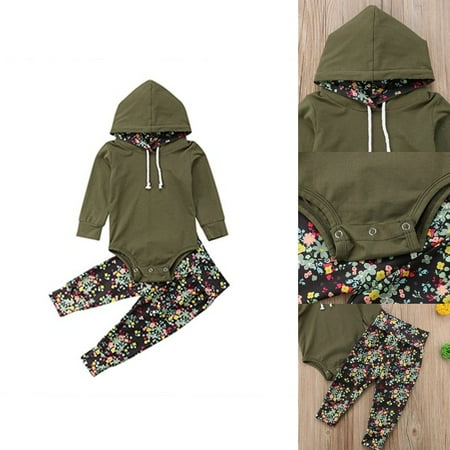 Infant Toddler Baby Girl Boy Floral Hooded Tops Pants Outfits Set Clothes 2Pcs