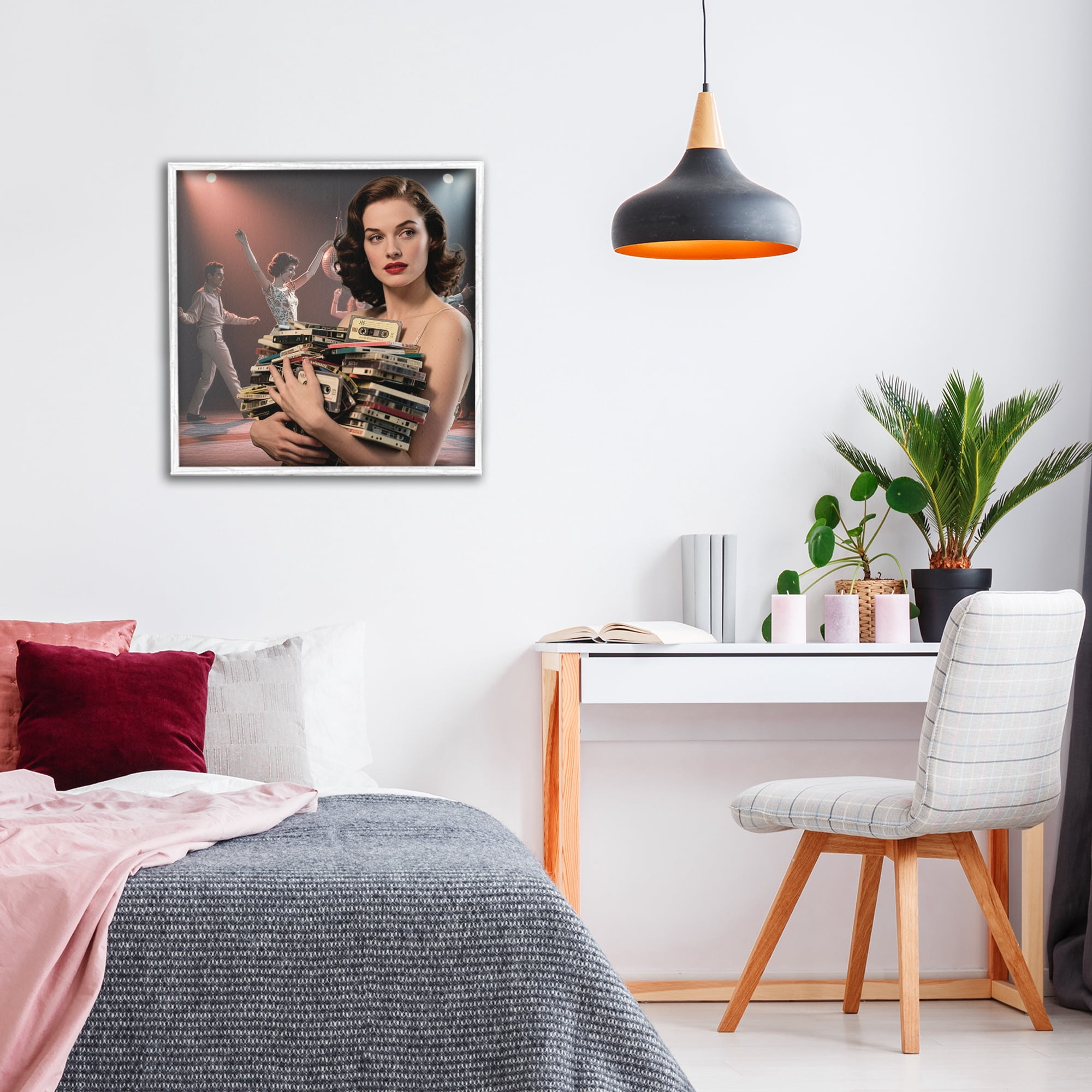 Stupell Industries Woman Holding Vintage Cassette Collection White Framed Giclee Art, design by CAD Designs