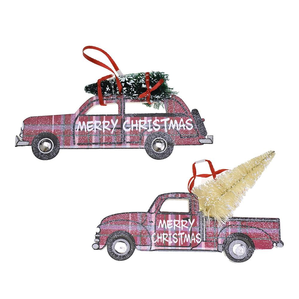 Christmas Tree Pickup Truck Wooden Ornaments, 7Inch 2Piece