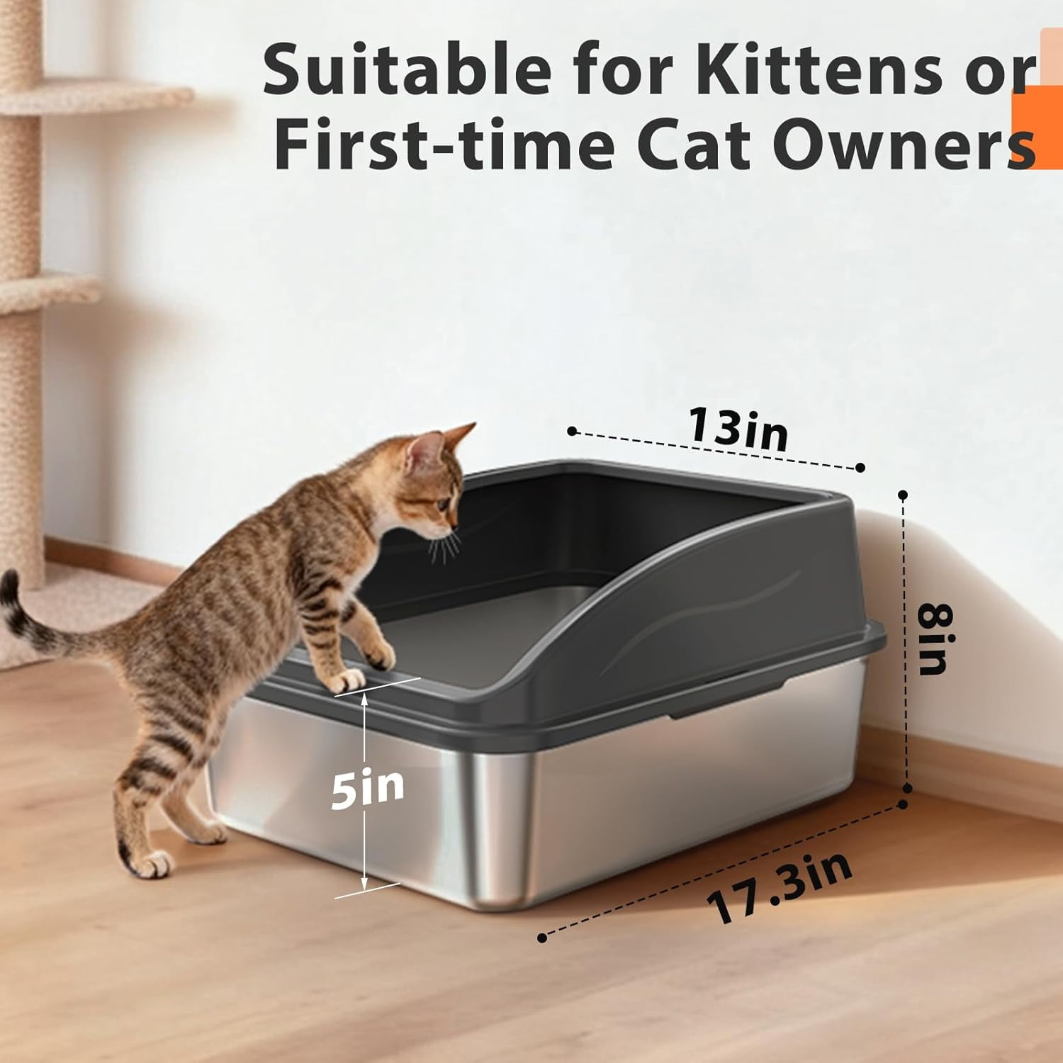High Sided, Anti-Urine Leakage Stainless Steel Litter Box, XL Enclosed Cat Litter Boxes with Lid for Big Cats, Non-Stick Bottom, Includes Litter Mat & Metal Scoop