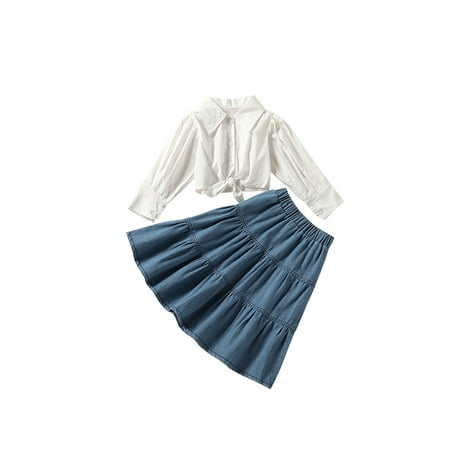 

Canrulo 2pcs Kids Girls Casual Clothes Solid Single Breasted Shirts Tops+Denim Ruffles A-Line Skirts Set White 1-2 Years