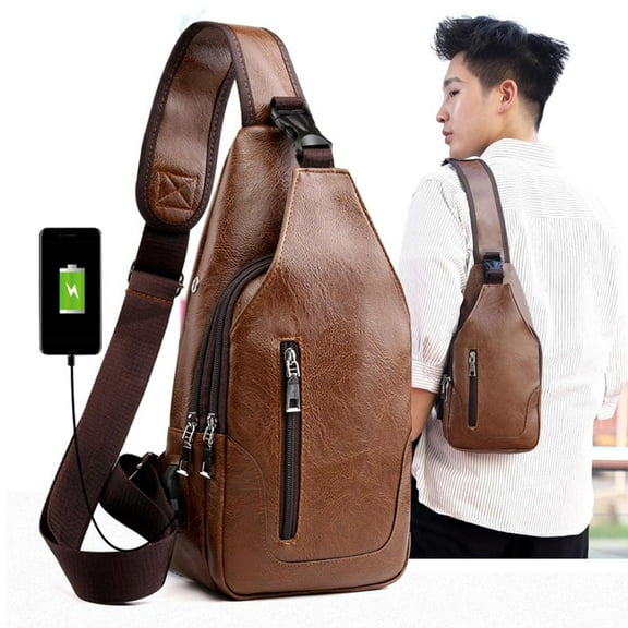 100Fens Sling Bag For Men Women,Leather Sling Bag,Shoulder Backpack Chest Bags Crossbody Daypack With Usb And Earphone Hole For Hiking Camping Outdoor Trip