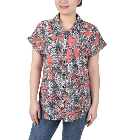 NY Collection Women's Petite Short Rolled Sleeve Button Front Blouse