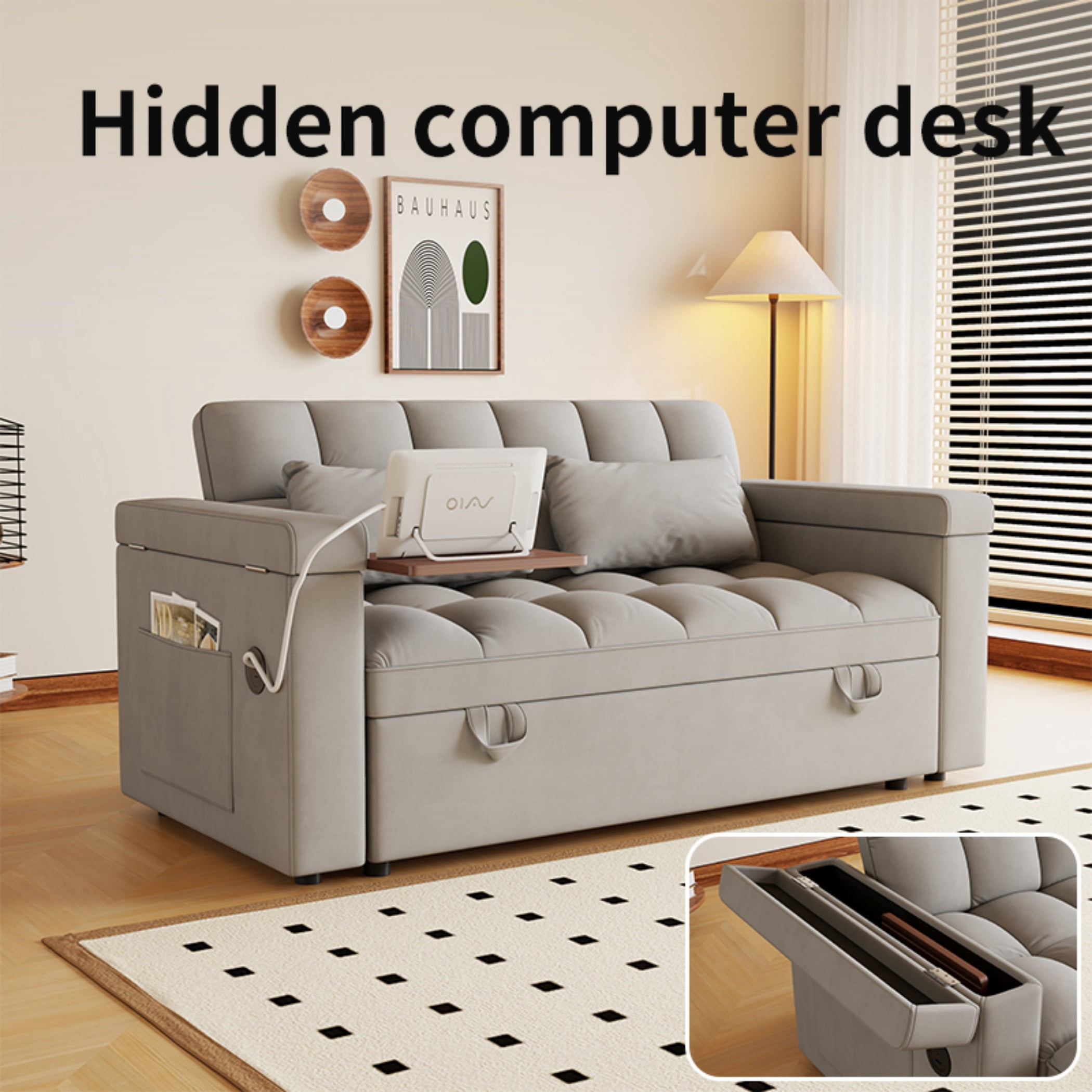 BSHTI 65" 3-in-1 Velvet Foldable Sofa Bed with USB Port & Table Board – 5-Position Adjustable Backrest, Storage Armrests, Large Convertible Sleeper Couch for Living Room, Apartment, Office,Light Gray