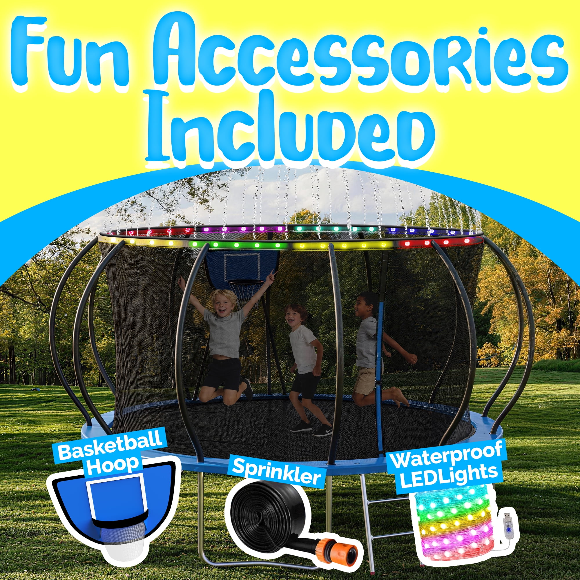 YORIN Trampolines Outdoor with Sprinkler and Lights, 1400LBS 14FT Trampoline for Kids and Adults, Backyard Heavy Duty Trampoline with Enclosure Net, Basketball Hoop, Ladder, Birthday Gift