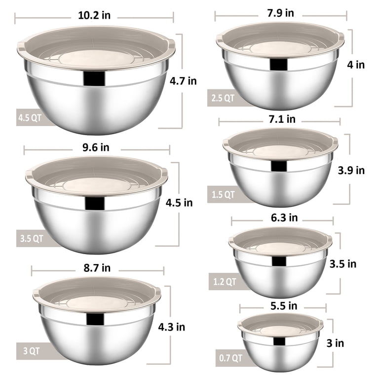 Vesteel Stainless Steel Mixing Bowls Set 7 Sizes with Lids Khaki