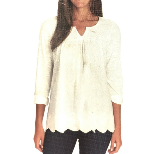 Gloria Vandebilt Gloria Vanderbilt Women's Woven Blouse Roll Tab Sleeves Crystal White Small