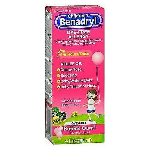Benadryl Children's Dye-Free Allergy Liquid Bubble Gum Flavored - 4 oz, Pack of 6