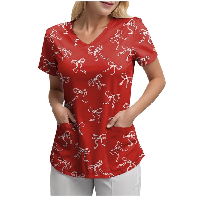 NIEWTR Women's V Neck Patterned Scrub Tops Breathable Medical Work Tunics with Pockets Stretch Fabric(Red,L)