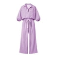 thumbnail image 1 of MaFYtyTPR Women 2 Piece Striped Outfits 3/4 Sleeve Button Down Shirt with Drawstring Wide Leg Pants Casual Comfy Two-piece Set A-Purple XXXL, 1 of 2
