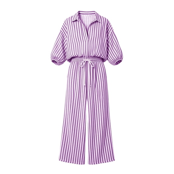 MaFYtyTPR Women 2 Piece Striped Outfits 3/4 Sleeve Button Down Shirt with Drawstring Wide Leg Pants Casual Comfy Two-piece Set A-Purple XXXL