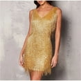thumbnail image 4 of Women's Fringed Sequin Feather Stitching Dress Summer Slim V-Neck Off Shoulder Dresses Female Backless, 4 of 6