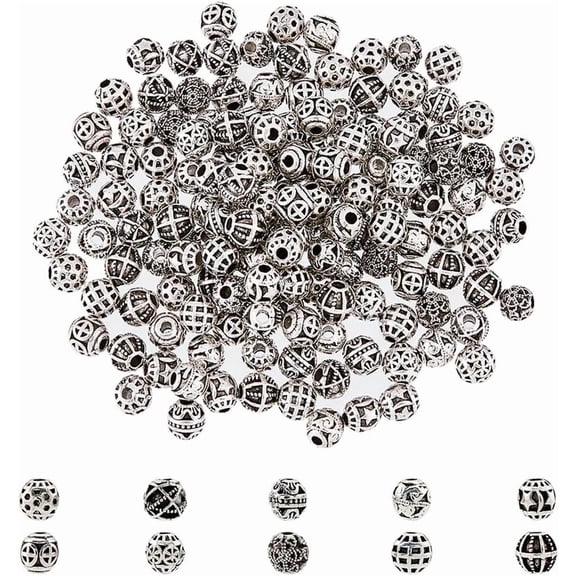 150Pcs Tibetan Metal Loose Beads Round Spacers Ball Beads 5mm Silver Hollow Filigree Beads Alloy Loose Beads Tiny Metal Spacer Beads for Jewelry Making Hole: 1.6mm