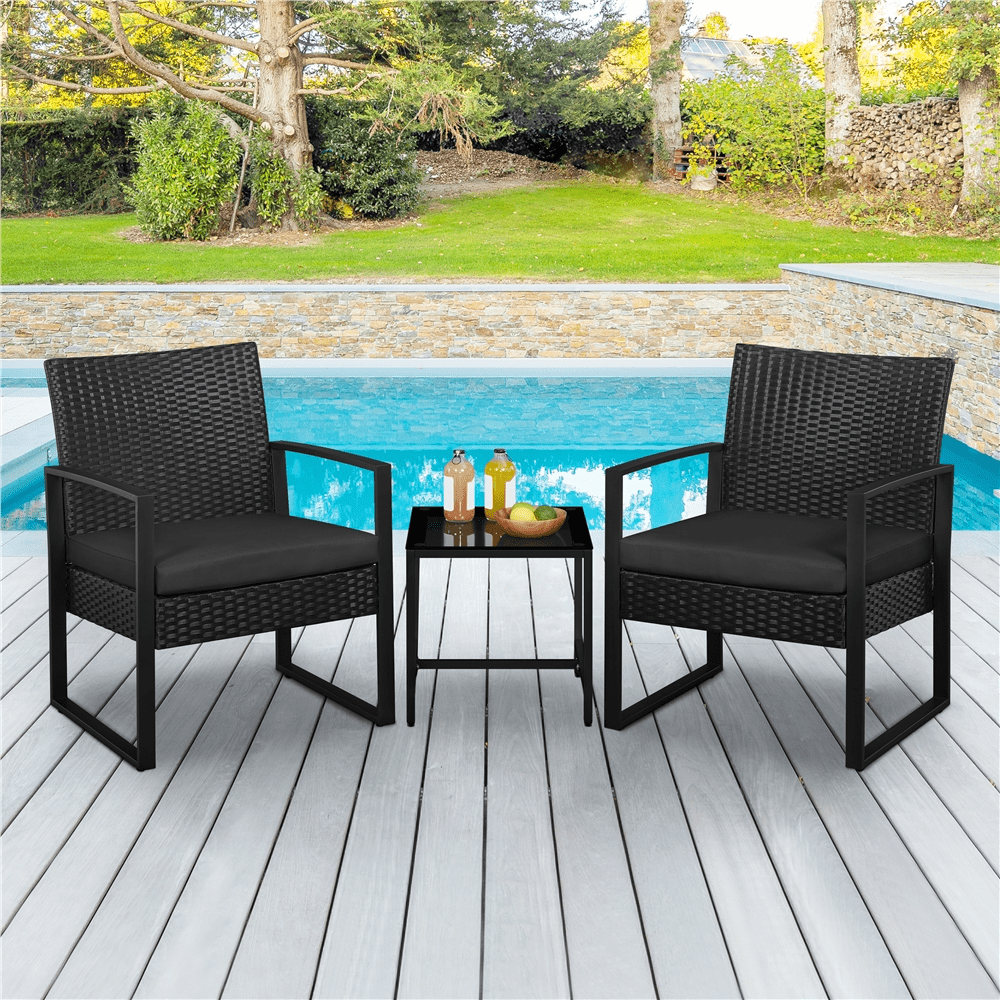 Renwick 3-Piece Patio Bistro Set with 2 PE Rattan Chairs and Table, Black
