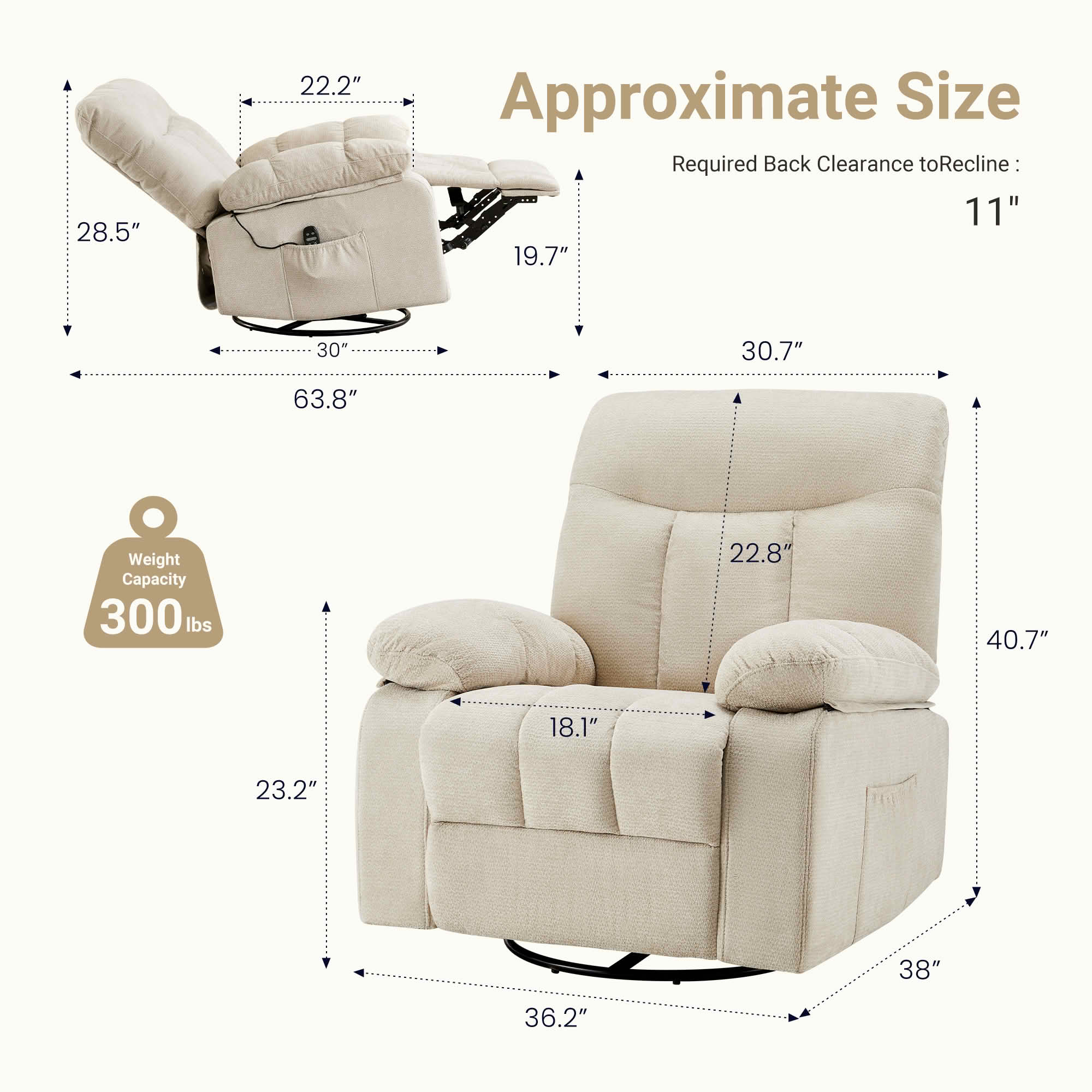 MAYEERTY Ergonomic Adjustable Rocking Rotating Lounge Chair, Vibration Massage Recliner with Lumbar Heating, Chenille Fabric High Load‑Bearing Leisure Chair for Home Use