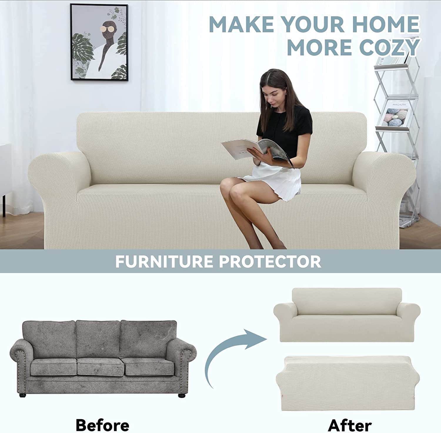 Nvzi Stretch Loveseat Sofa Slipcovers 1 Piece Couch Covers for Sofa Furniture Protector Full Sofa Covers with Elastic Bottom for Kids and Dog (Medium,White)
