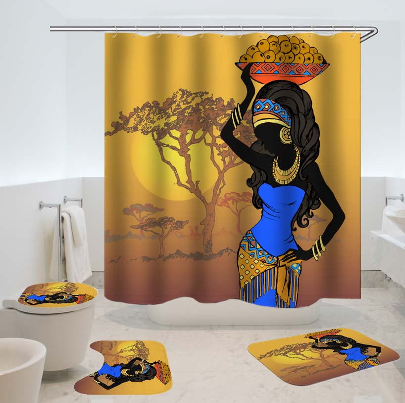 71 x 71 Inch African Woman Shower Curtain + hooks With/Without 3pcs