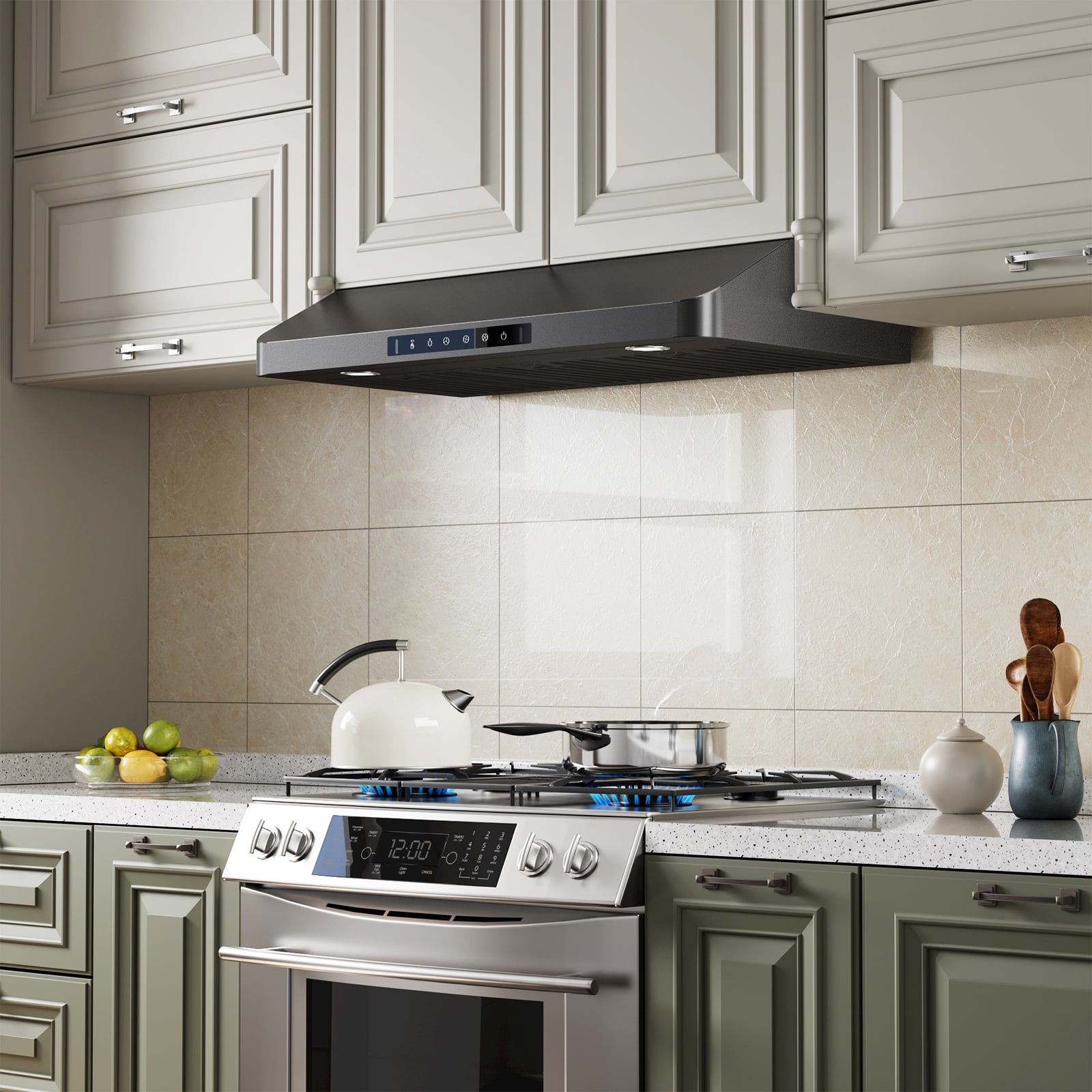 VIKIO 36 inch Under Cabinet Range Hood 900CFM, Ducted 3 Speed Exhaust Fan, Touch Panel, Stainless Steel, Black