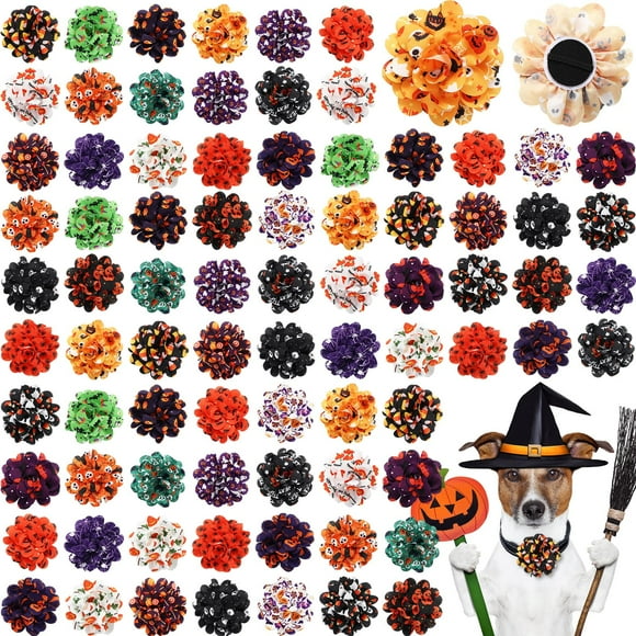 Silkfly 80 Pcs Halloween Dog Collar Flowers Bulk Holiday Pet Collar Bows Grooming Accessories for Small Medium Large Cat Puppy Dog(Pumpkin Style)