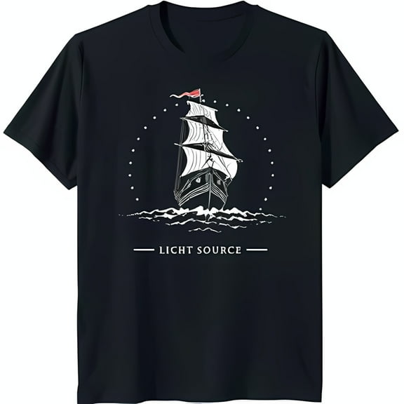 Light Source Black T-Shirt with Ship Sailing Through Starry Sea