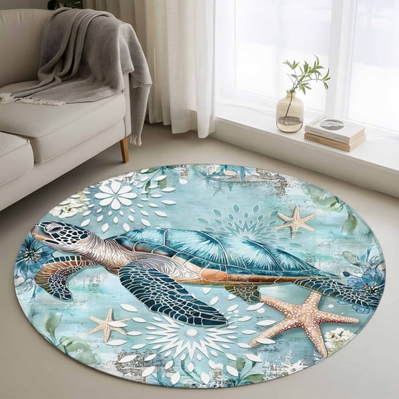 Round Area Rug 3ft, Sea Turtle Coastal Non-slip Area Rugs for Living Room/Bedroom/Bathroom/Kitchen, Vintage Teal Nautical Beach Botanical Washable Throw Floor Mat Indoor Outdoor Entrance Doormat