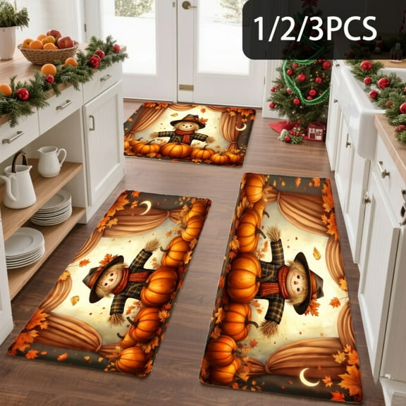 3PCS Kitchen Mat set,Welcome Door Flannel Rug,Home Decor for Front Door,Kitchen, Bathroom, Pumpkin Scarecrow Autumn Harvest Scene ,Great Thanksgiving Day Housewarming gift for Family and Friends.