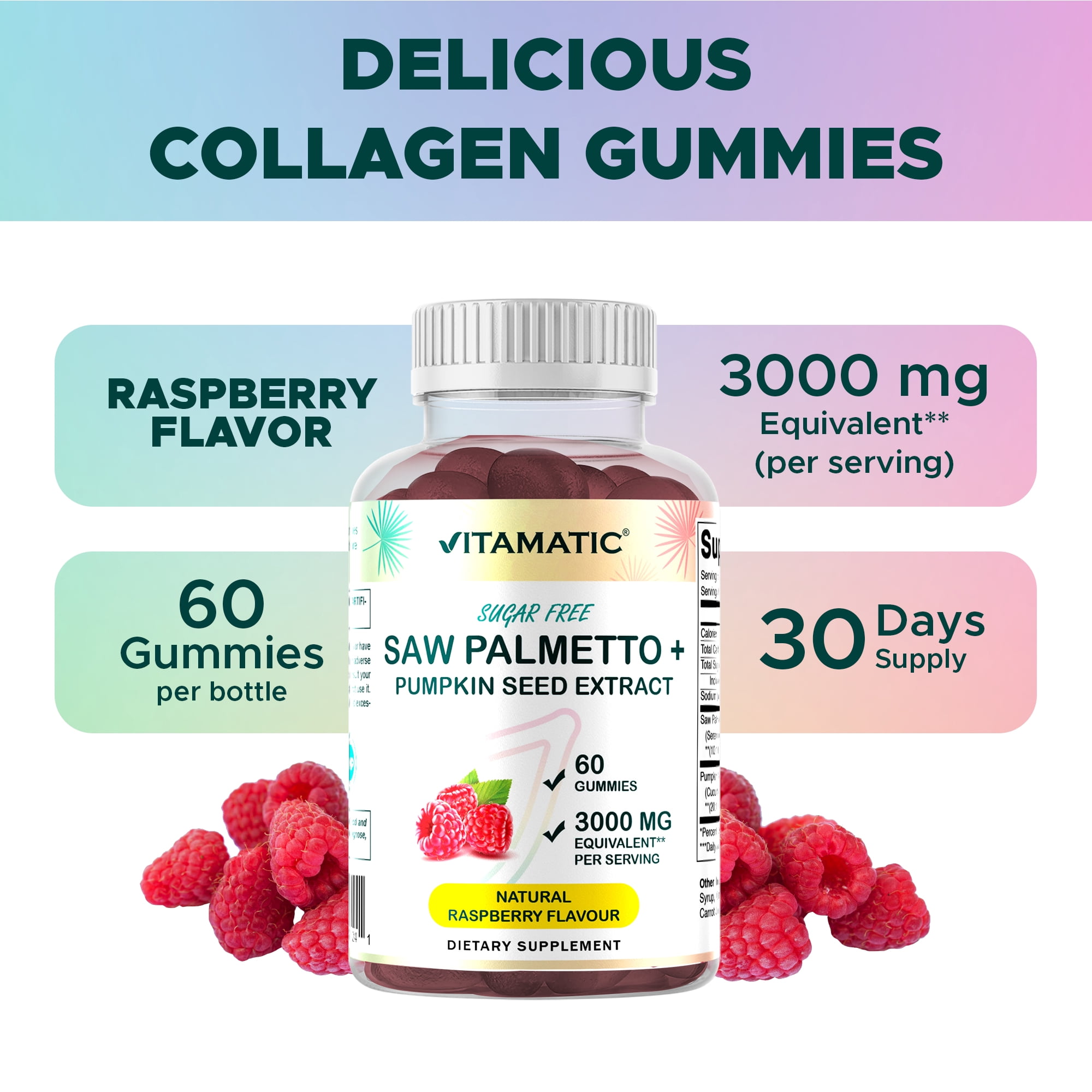 (2 pack) Vitamatic Sugar Free Saw Palmetto with Pumpkin Seed - 3000 mg Equivalent per Serving - Natural Raspberry Flavor - 60 Count