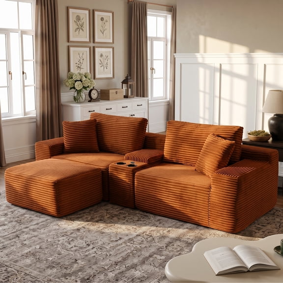 CKEASEAN 111" Cloud Boneless Sofa Couch with Cup Holder & Storage Box, Modern Corduroy L Shaped Modular Sectional Sofa with Ottoman, USB Ports, No Assembly Required, Couches for Living Room