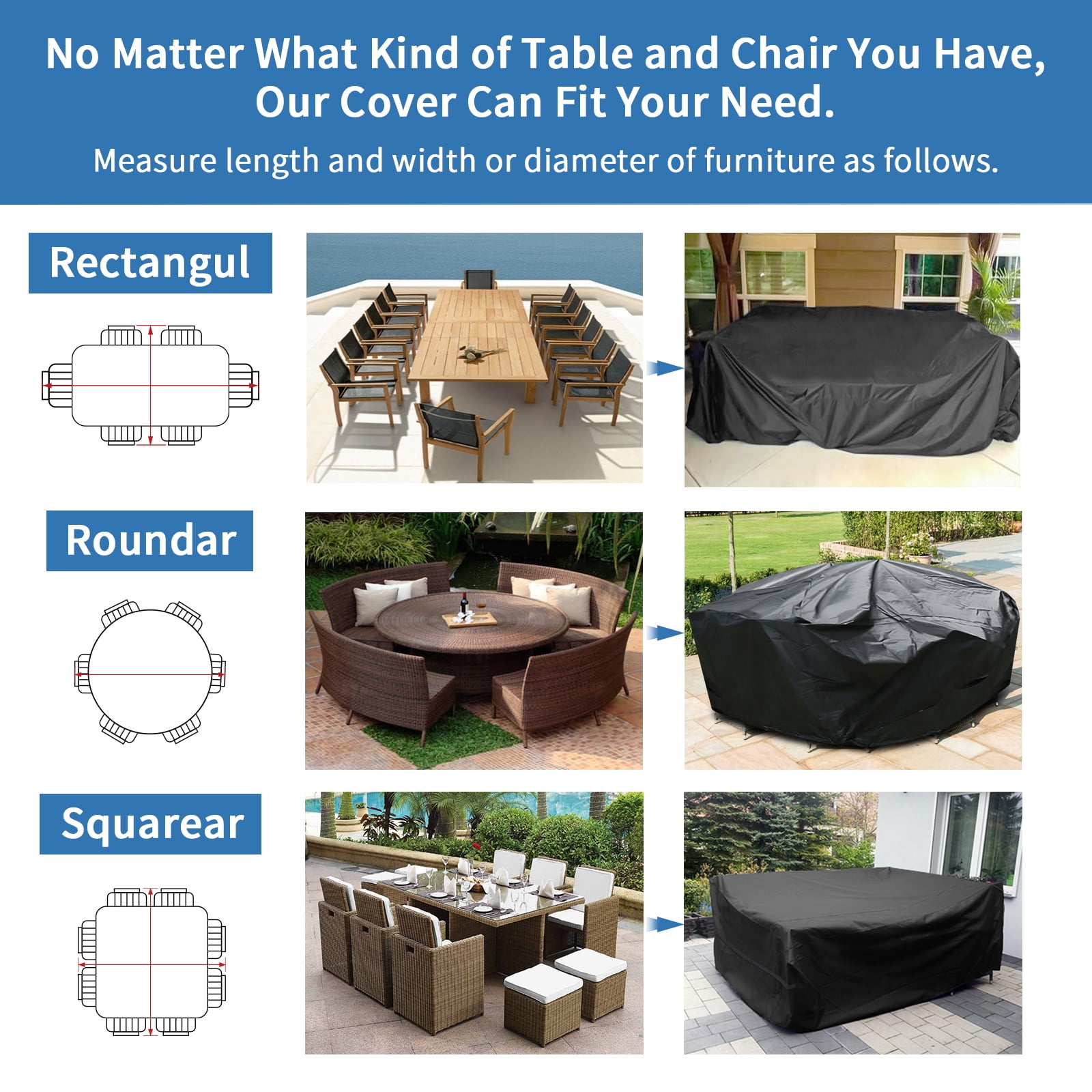 HIGHTQURO Outdoor Furniture Covers Waterproof 600D Heavy Duty Rectangular Patio Table and Chair Set Covers with Windproof Buckles Air Vents Handles 98 LX78 WX32 H 