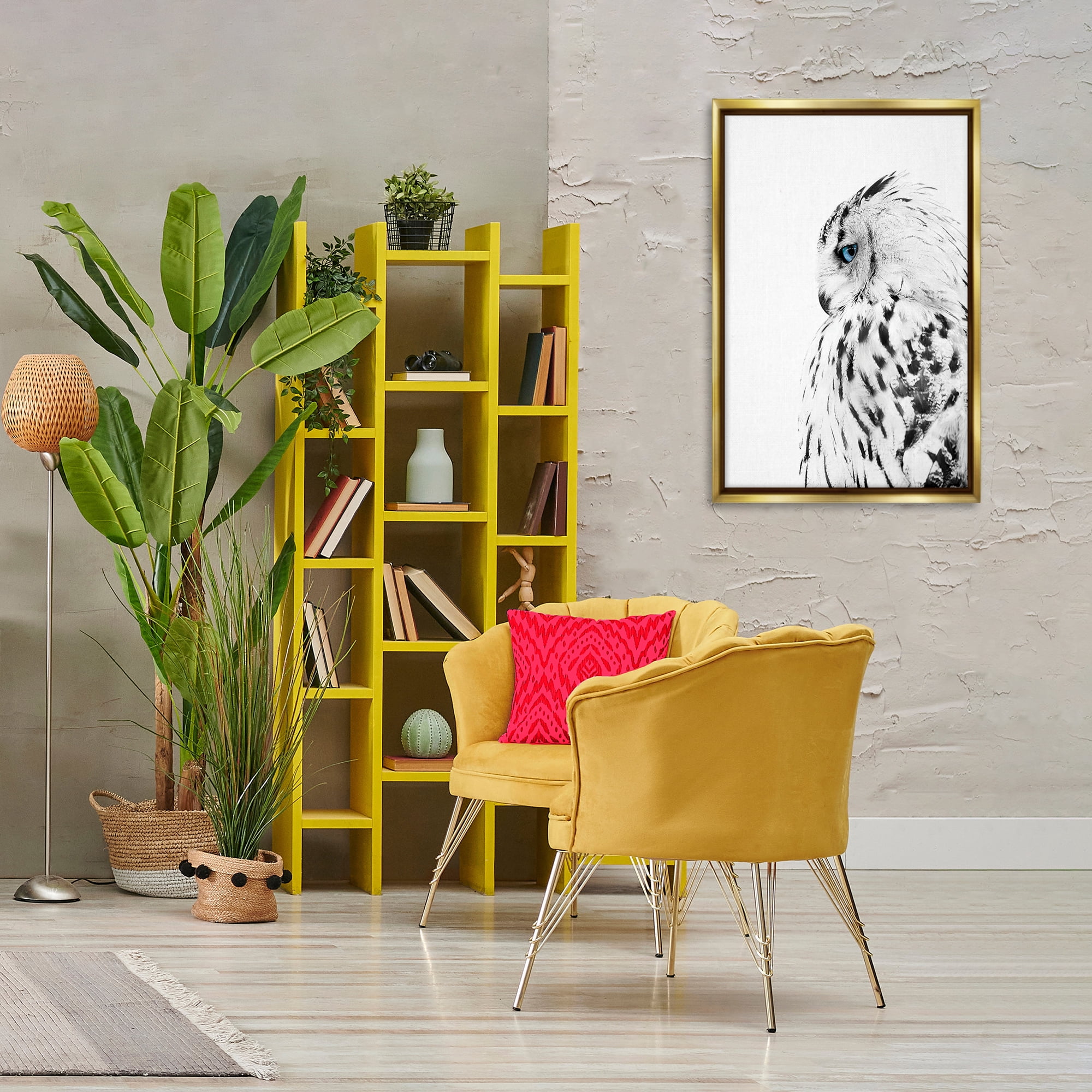 Stupell Industries Owl with Strong Blue Gaze Animals Painting Gold Floater Framed Canvas Art Print Wall Art, 21 x 31