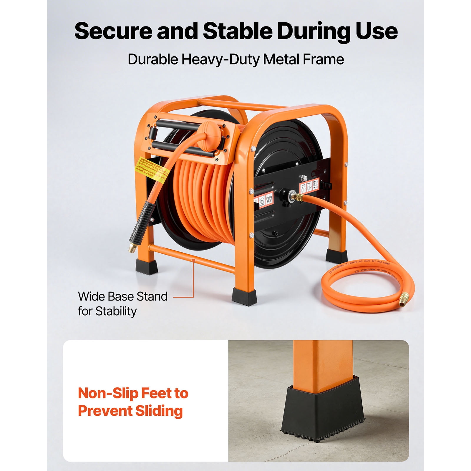KFFKFF Retractable Air Hose Reel, 3/8 Inch x 100 FT PVC Air Hose, 300 PSI Max, Automatic Rewind with 5 ft Lead-In, Durable Steel Frame for Garages and Workshops
