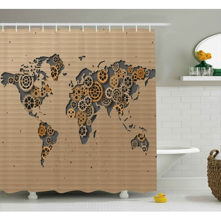 Old World Map Clock Modern Decor Shower Curtain, Ancient Old Hipster Contemporary Image of World Map with Clock Wheel Print, Fabric Bathroom Set with Hooks, 69W X 70L Inches, Grey and Brown, by Ambesonne ()
