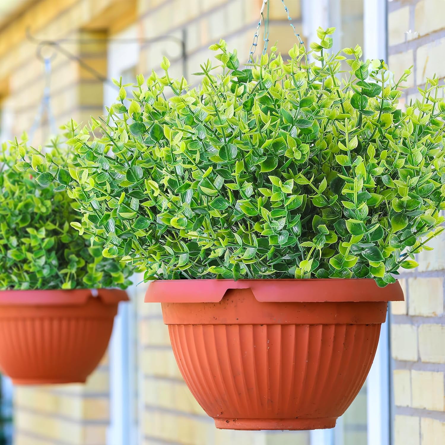 24 Bundles Artificial Eucalyptus Grasses for Spring Decoration, Outdoor UV Resistant Faux Plastic Greenery Boxwood Stems for Indoor Outside Window Box Porch Hanging Basket Decor (Green-eucalyptus)