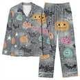 thumbnail image 6 of Feancey Halloween Lounge Sets for Women Cute Ghost Pumpkin Print Pajama 2 Piece Set Holiday Casual Long Sleeve Button Down Shirts and Pants Pjs Two Piece Birthdal Gifts Gray XL, 6 of 7