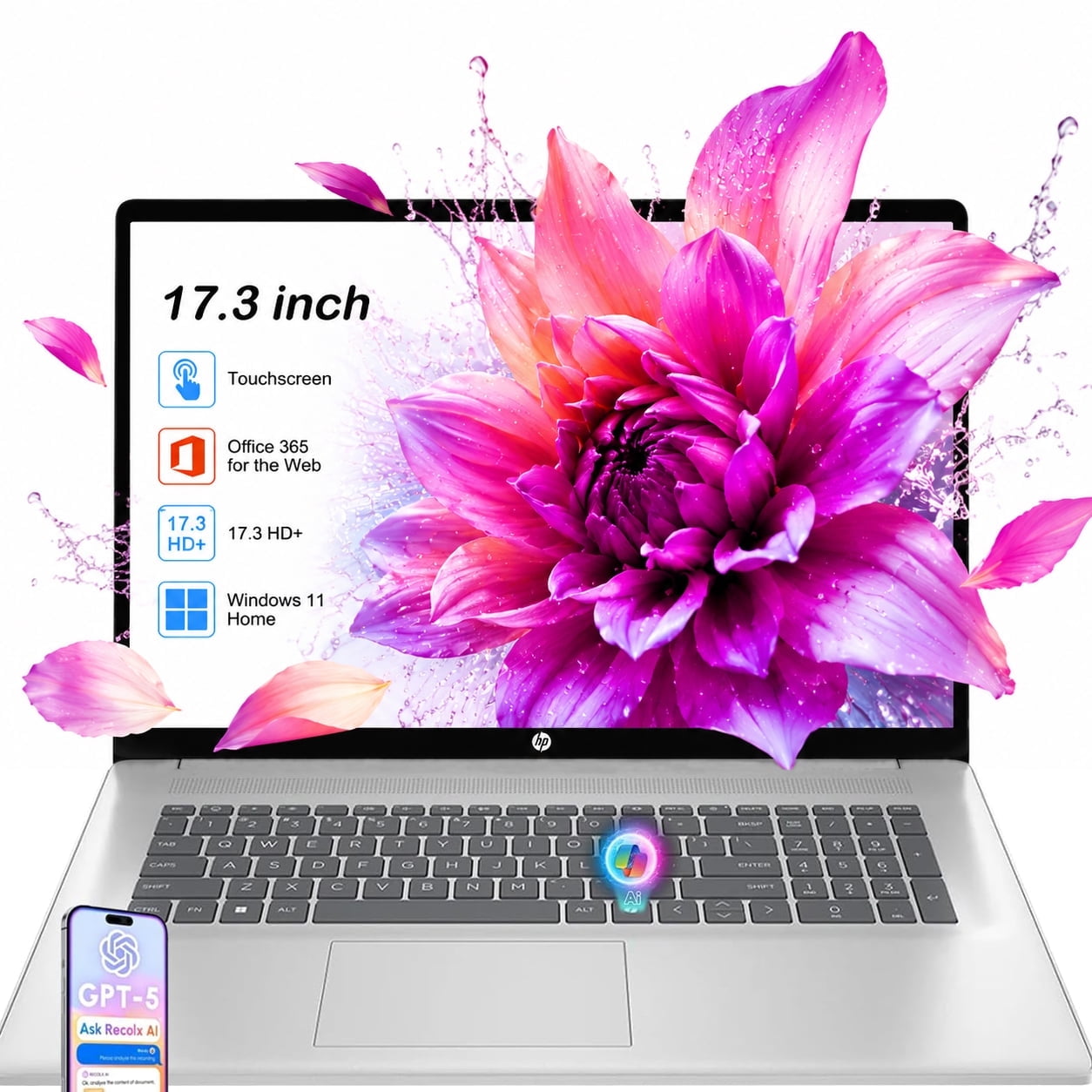 HP 17.3" Laptop Touchscreen Computer, AMD Ryzen 5 7430U, 16GB RAM, 1TB SSD, Office 365 for the Web, Windows 11 Home, 17 inch HD+ Anti-Glare Display, AI Copilot, Silver
