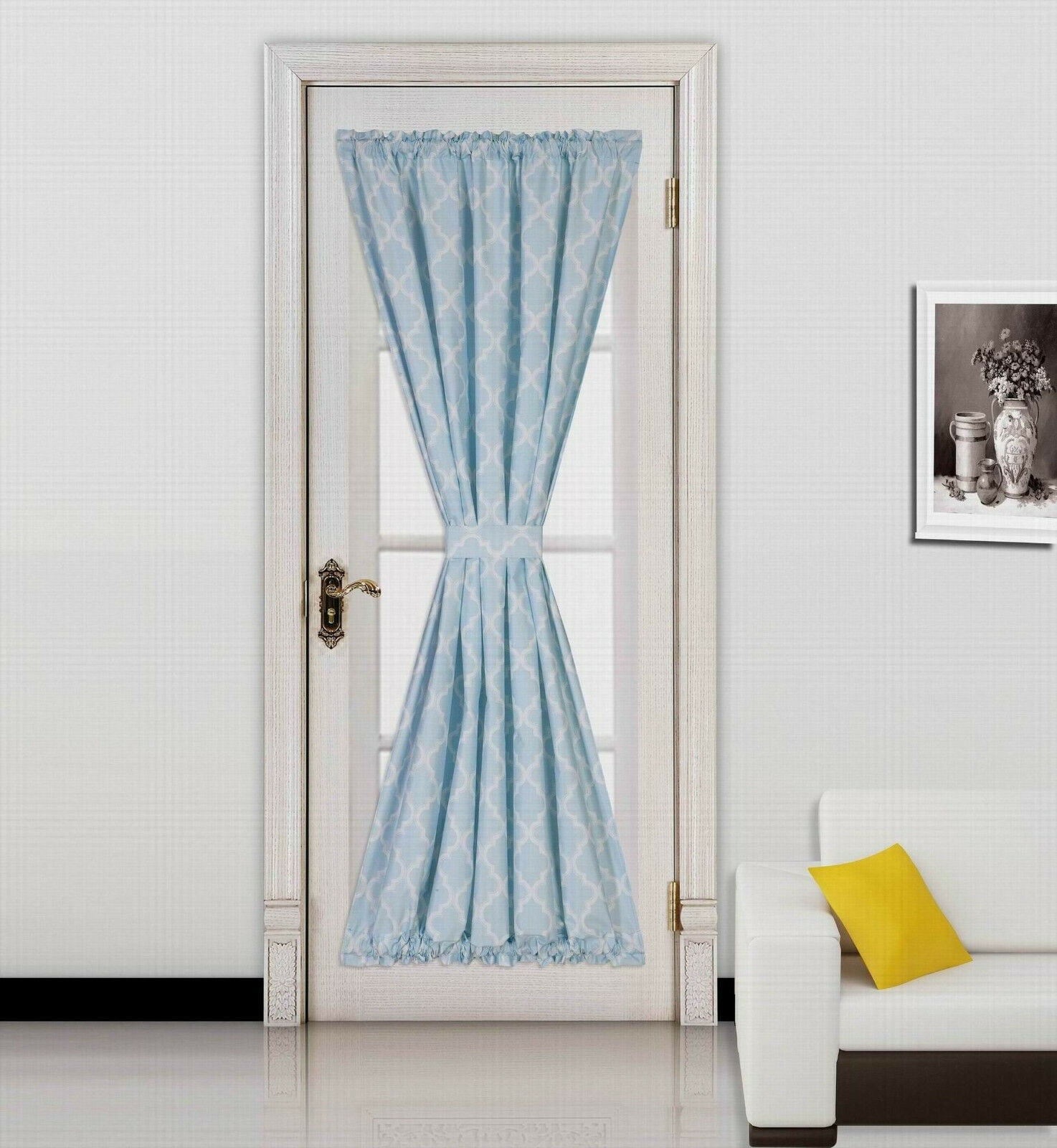 ELLA 1PC GEOMETRIC BLACKOUT  FRENCH DOOR WINDOW PANEL LIGHT BLUE/WHITE 