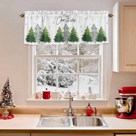 Kitchen Valances for Window, Black White Plaid Christmas Tree Light Filtering Rod Pocket Valance Curtain, Winter Snowflake Short Curtains Window Topper for Bedroom Bathroom Living Room 54x18in