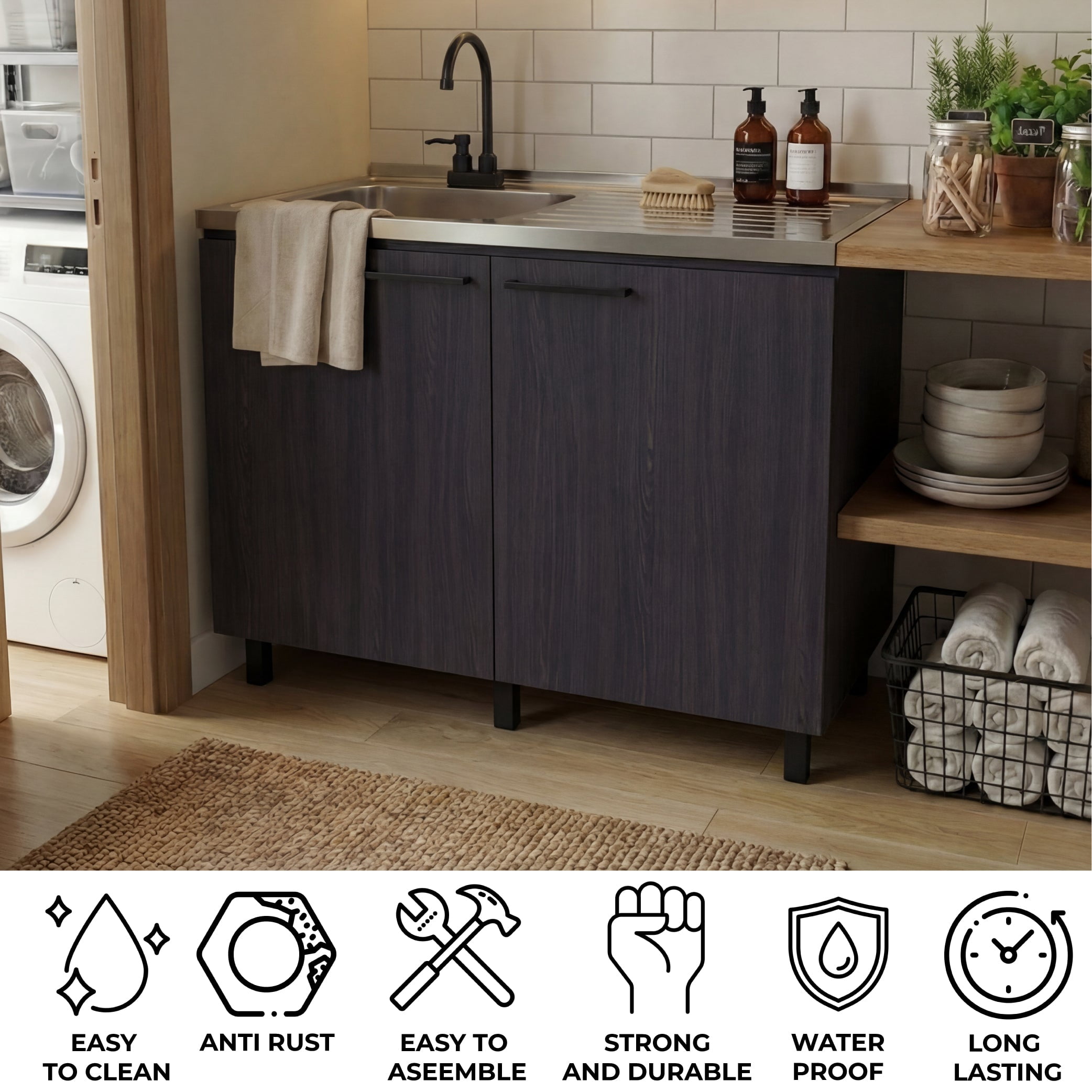 Tuhome Napoles Utility Sink with Cabinet, Stainless Steel Countertop, Interior Storage