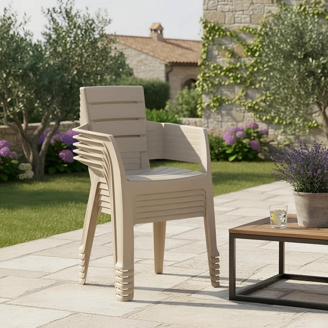Set 6 Sillas Plásticas Apariciencia Madera con Brazos Apilables Interior Exterior RIMAX