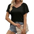 thumbnail image 1 of Camisa de manga corta para mujer, cuello en V plisado, manga con volantes, camisa con hombros descubiertos para mujer, Top para fiesta diaria de verano, negro L, 1 of 6