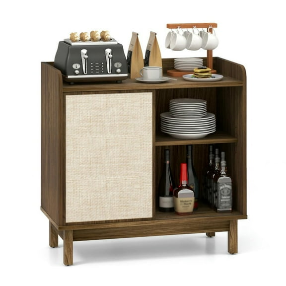 Barara King Sideboard Buffet Cabinet, Kitchen Storage Cabinet,Rattan Buffet Sideboard Mid Century Floor Storage Cabinet with Sliding Door and Adjustable Shelves-Walnut
