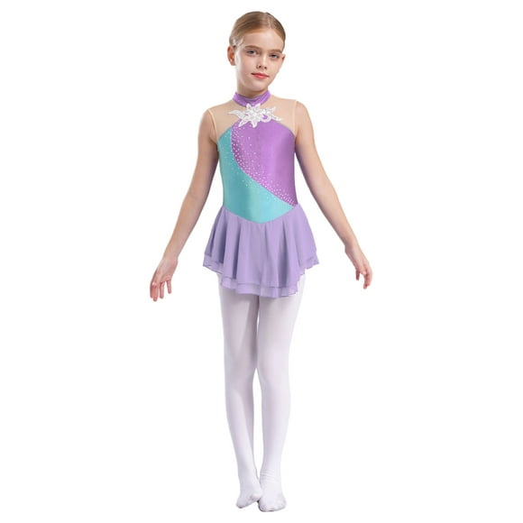 Aislor Girl's Lyrical Ballet Dance Dress Sleeveless Rhinestones Figure Ice Skating Leotard Tutu Dress Dancewear Skating wear Lavender 14