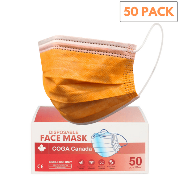 COGA Canada - ORANGE 50 Pack 3ply Masque Facial Jetable Non Médical Non Chirurgical